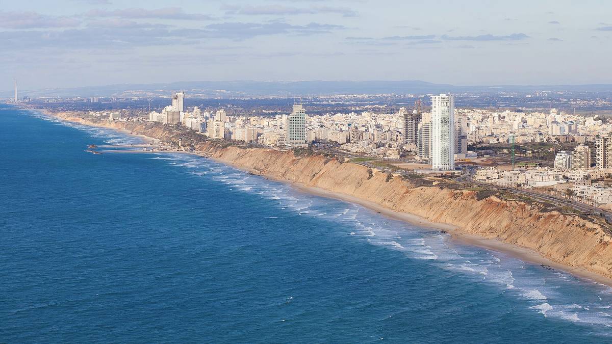 The seafront and apartment blocks of Netanya from the air